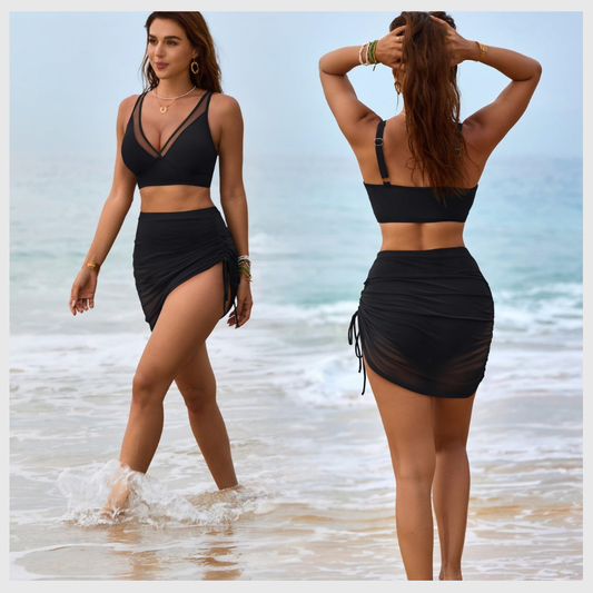 High-Waisted Shaping Bikini Set with Built-In Mesh Skirt